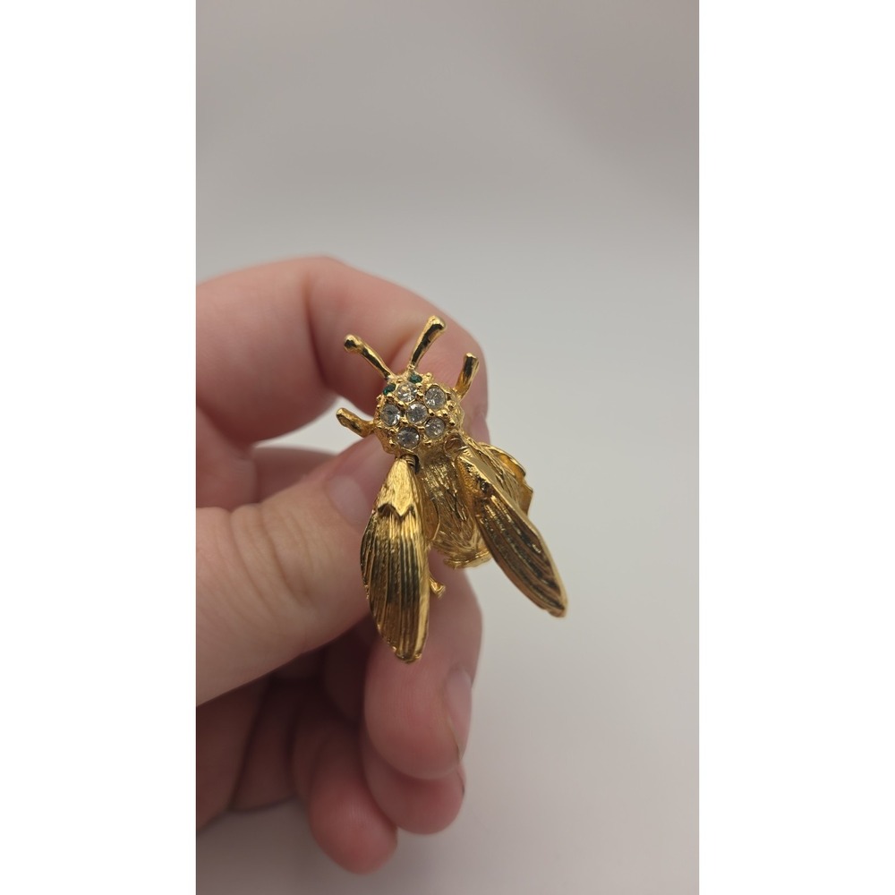 VINTAGE TREMBLER Gold Tone Rhinestone QUEEN BEE FLY BROOCH